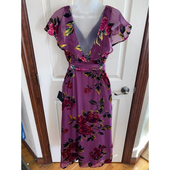 NWT Lulus Floral Passions Plum Purple Floral Velvet Wrap Midi Dress Size Large - Picture 6 of 13